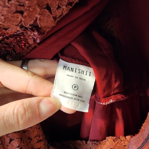 Manishii Rust/Ruby Sequin Embroidered Lace Anarkali Gown Dress Pakistani - Picture 9 of 11